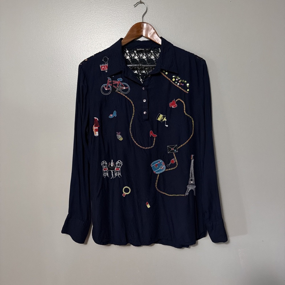 Navy Longsleeve Embroidered Sequin Blouse Women's XXL  Coquette Paris City Girl